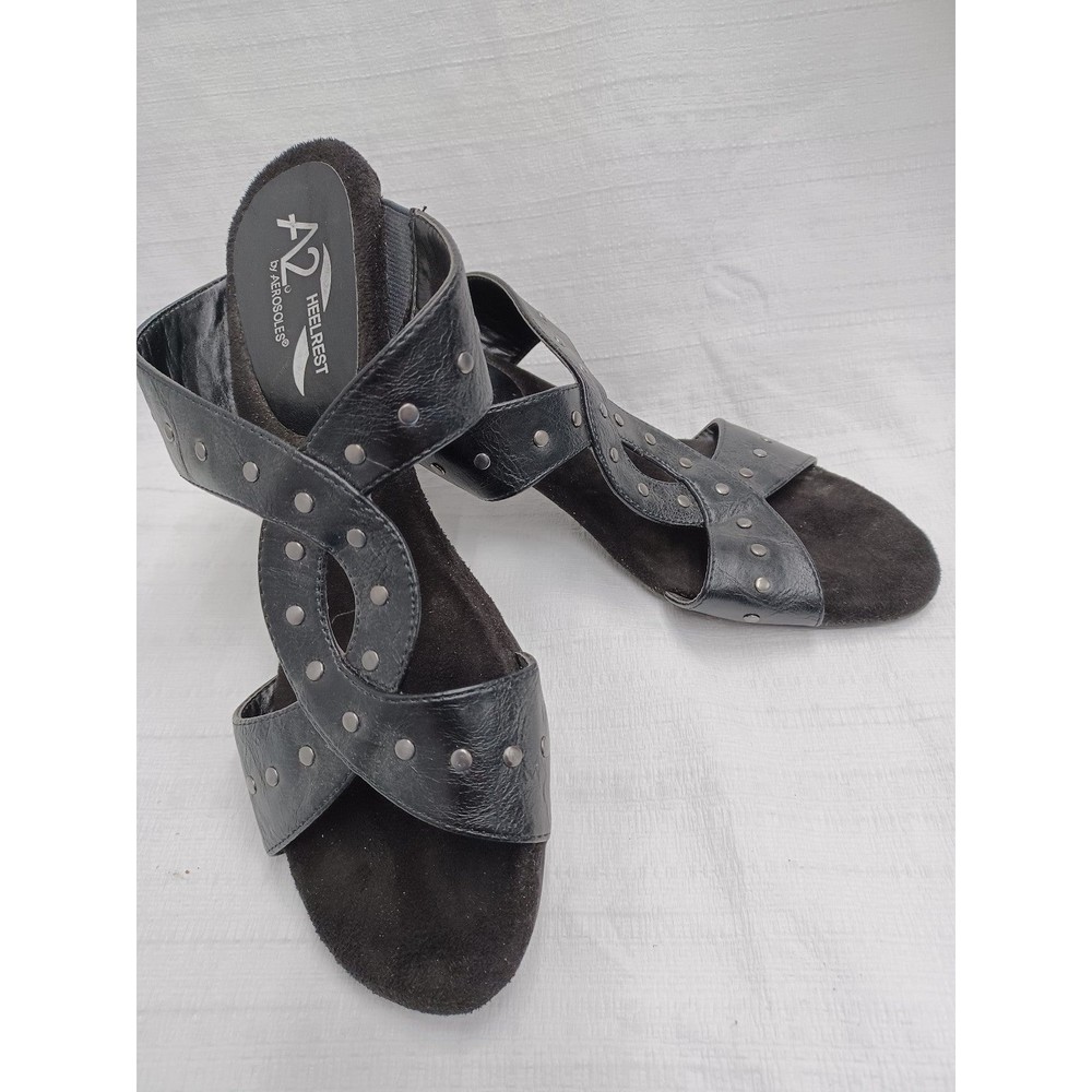 A2 by Aerosoles Heelrest Powssibility Black Studded Heel Sandal Slip On Sz. 8m